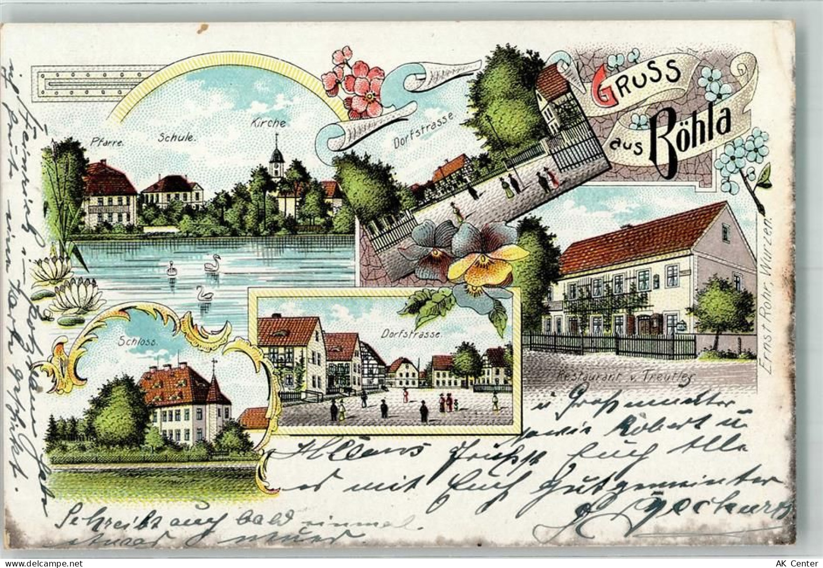 01561 O8281 Böhla b Ortrand Lithographie Schloß Dorfstraße Schwanenteich... - 13638295