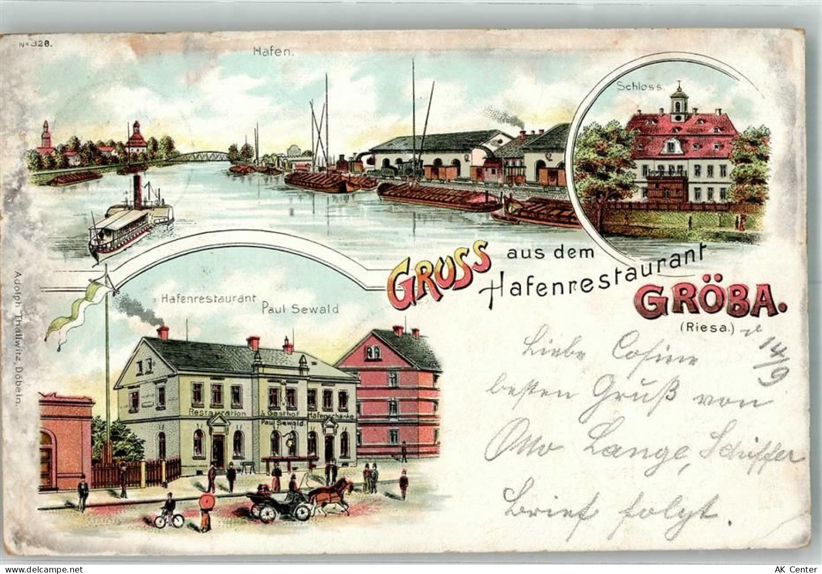 01587 O8401 Gröba 1902 Gebrauchsspuren Lithographie Hafen-Gasthaus Hafen... - 13643373