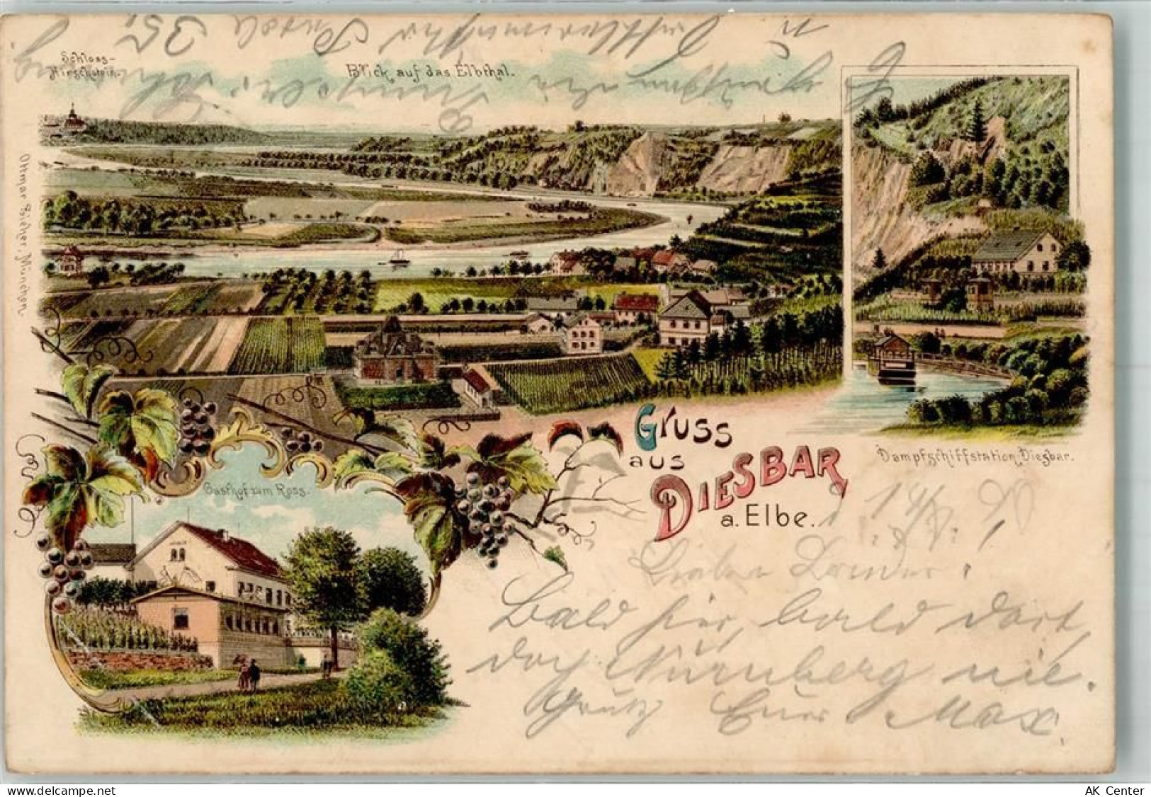01612 O8401 Diesbar-Seußlitz 1898 Lithographie Dampfschiffstation Gastha... - 13637908