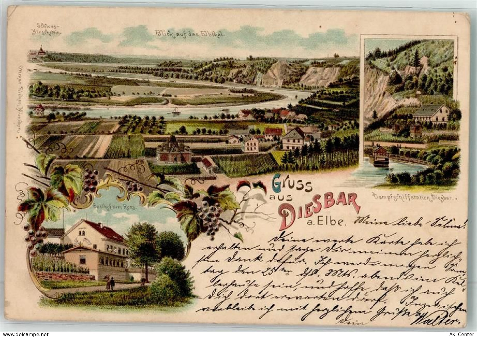 01612 O8401 Diesbar-Seußlitz 1899 Lithographie Schloss Hirschstein Elbta... - 13619955