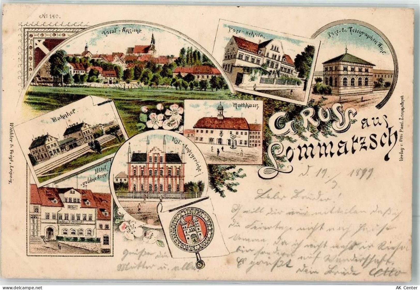 01623 O8260 Lommatzsch 1899 Lithographie Post- u. Telegraphenamt Rathaus... - 13493490