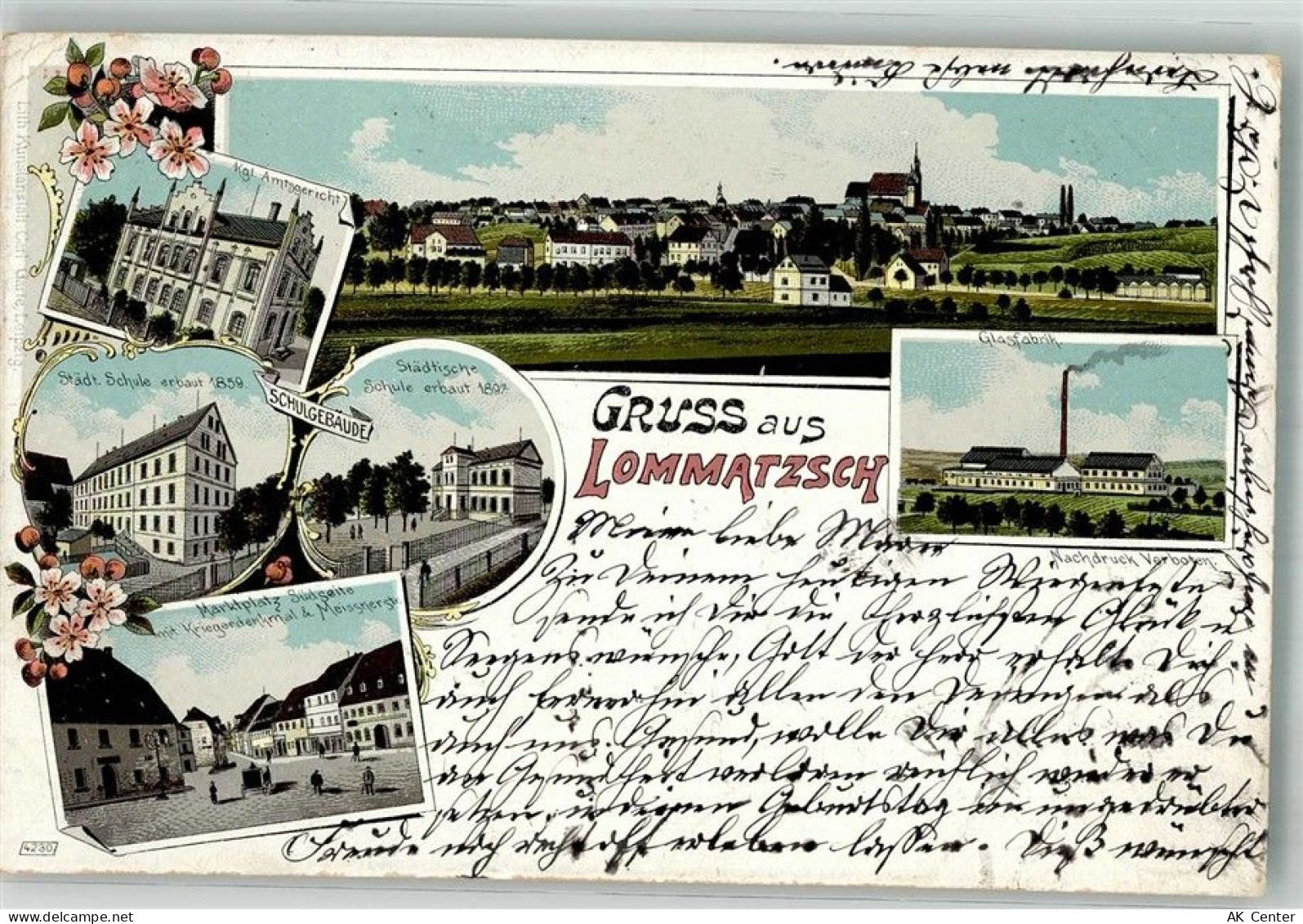 01623 O8260 Lommatzsch 1900 Lithographie Kgl. Amtsgericht Marktplatz Gla... - 13668328