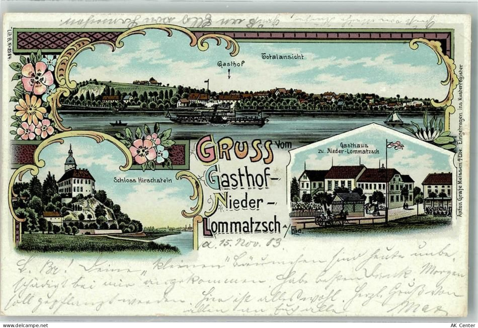 01665 O8251 Niederlommatzsch 1903 Lithographie Schloß Hirschstein Gastha... - 13633291