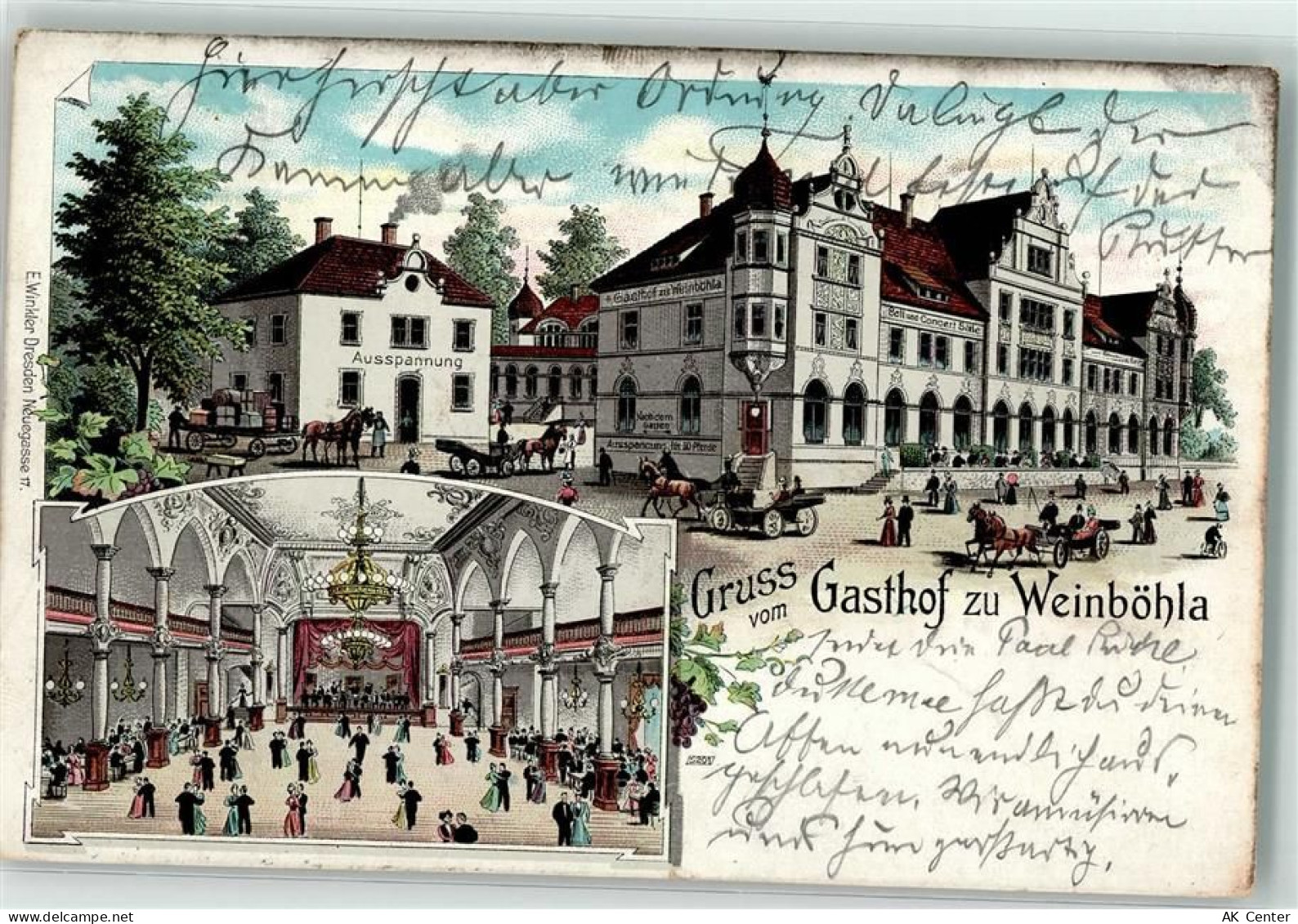 01689 O8256 Weinböhla 1904 Lithographie Gasthaus Kutsche Bahnpost Leipzi... - 13626409
