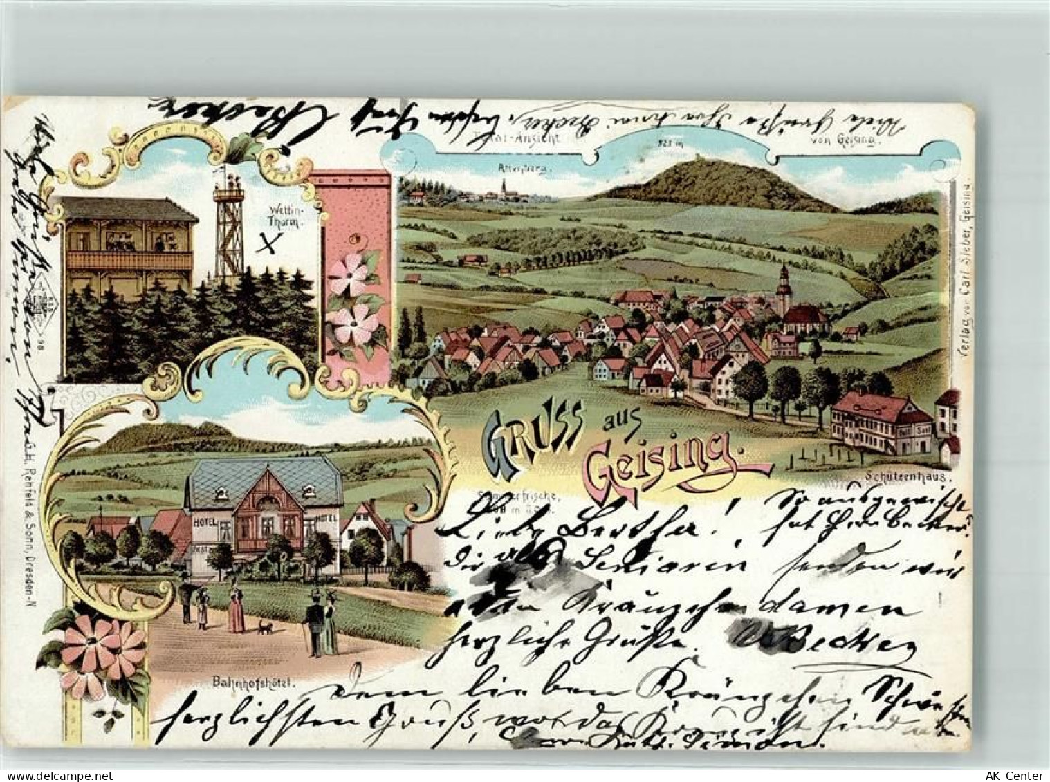 01778 O8244 Geising 1898 Lithographie Wettin Turm Bahnhofshotel Schützen... - 13635713