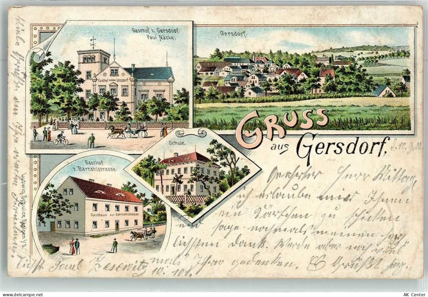 01819 O8301 Gersdorf b Pirna 1902 Lithographie Gasthaus Gersdorf Schule ... - 13625574
