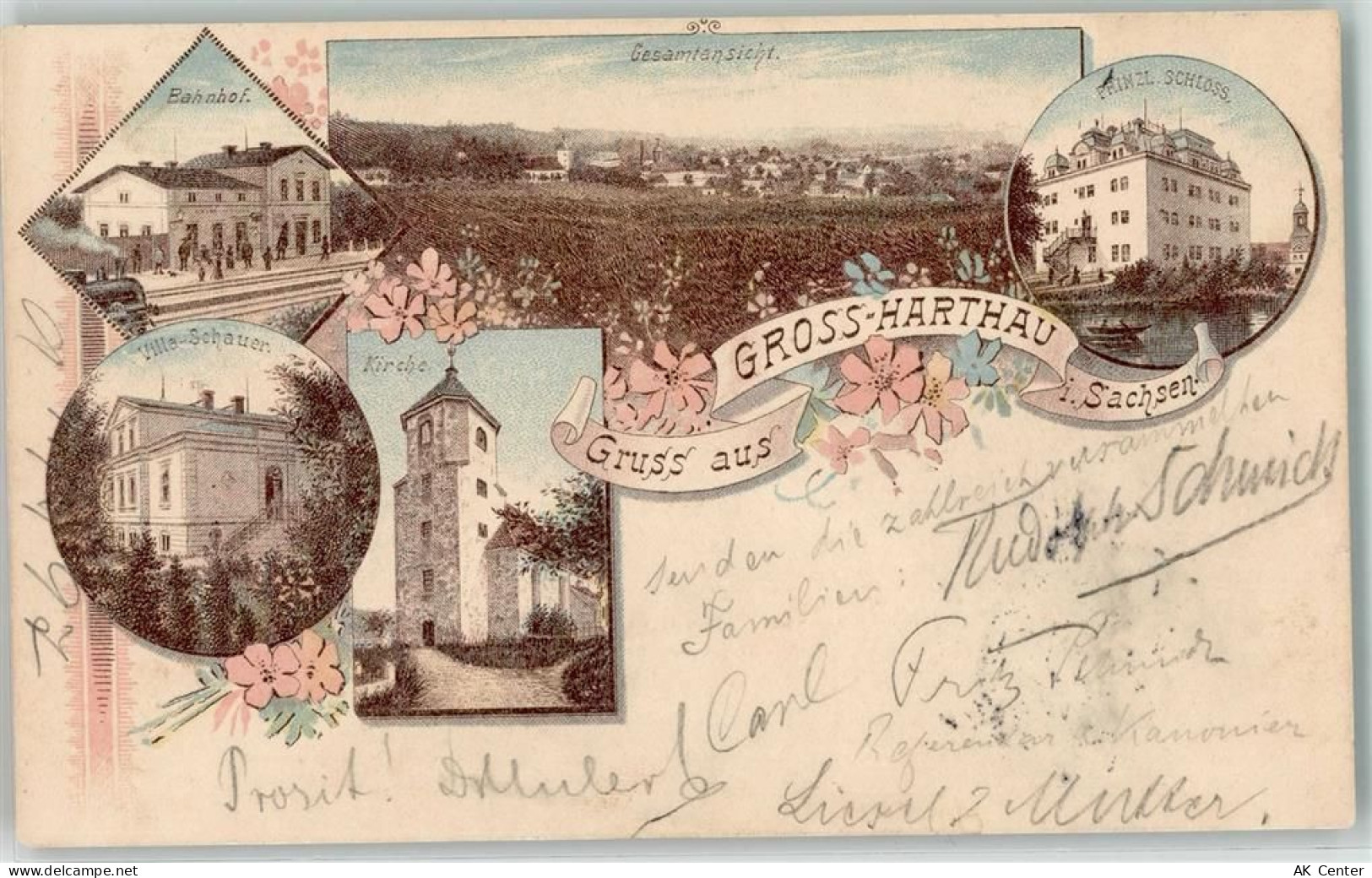 01909 O8504 Großharthau 1897 Lithographie Bahnhof Villa Schauer Kirche P... - 13610841