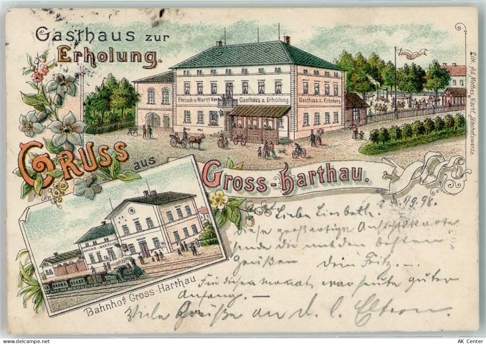 01909 O8504 Großharthau 1898 Lithographie Gasthaus Zur Erholung Bahnhof... - 13608749