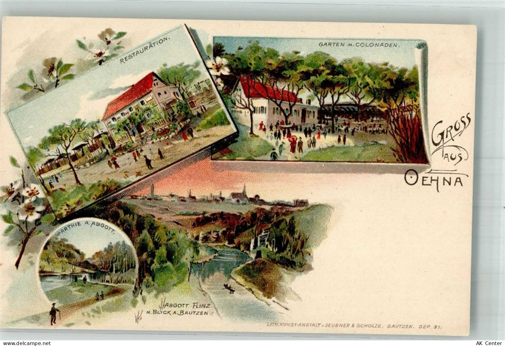 02625 O8601 Oehna b Bautzen Lithographie Gasthaus Garten Flusspartie - 13668898