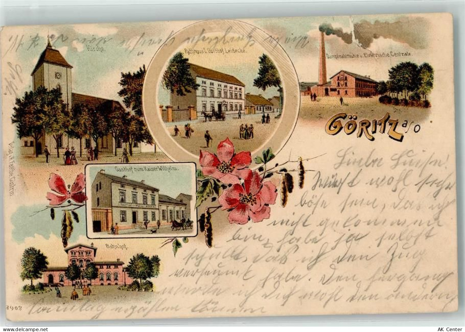 03226 O7541 Göritz b Vetschau 1903 Lithographie Kirche Rathaus Gasthaus ... - 13610459