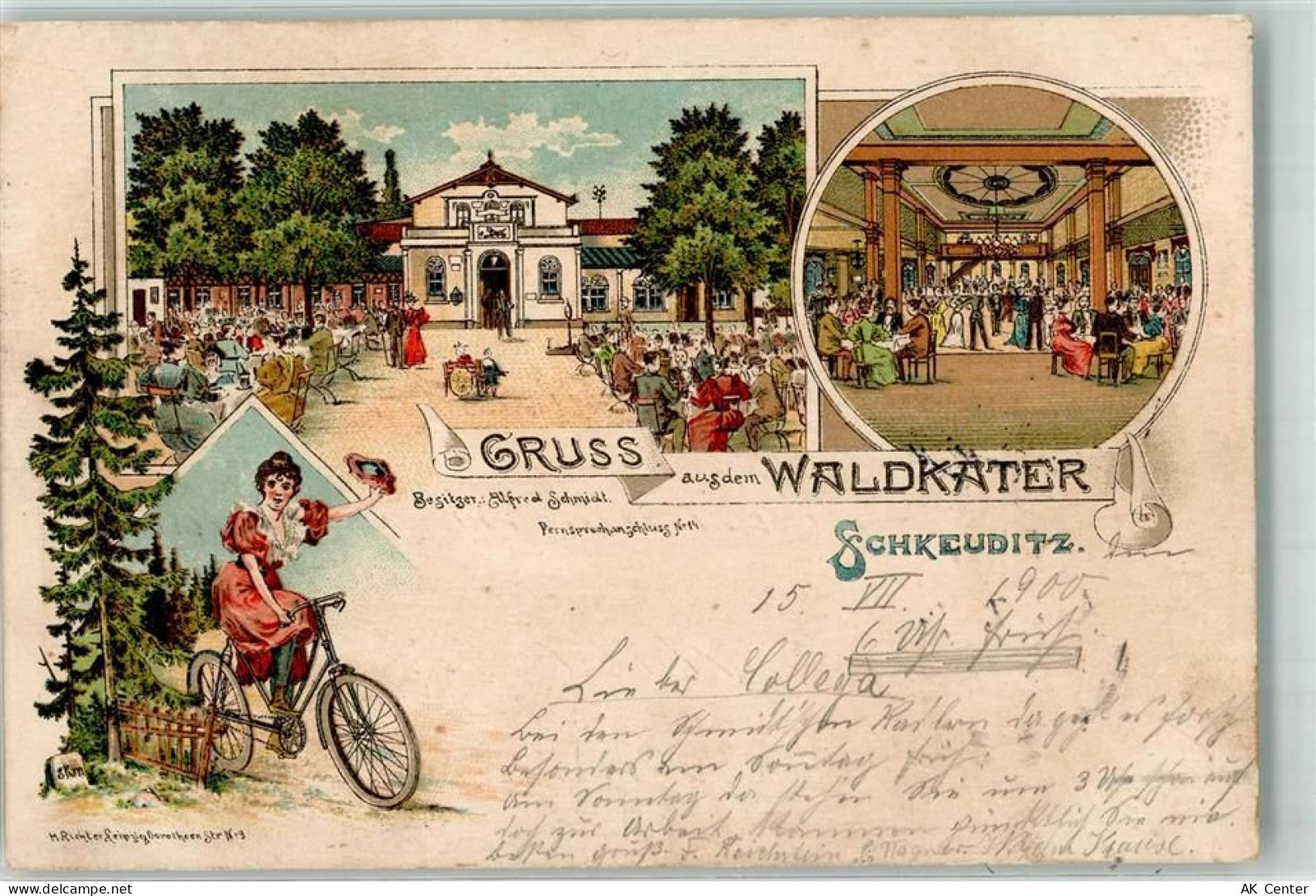 04435 O7144 Schkeuditz 1900 Lithographie Gasthaus Waldkater Alfred Schmi... - 13638956