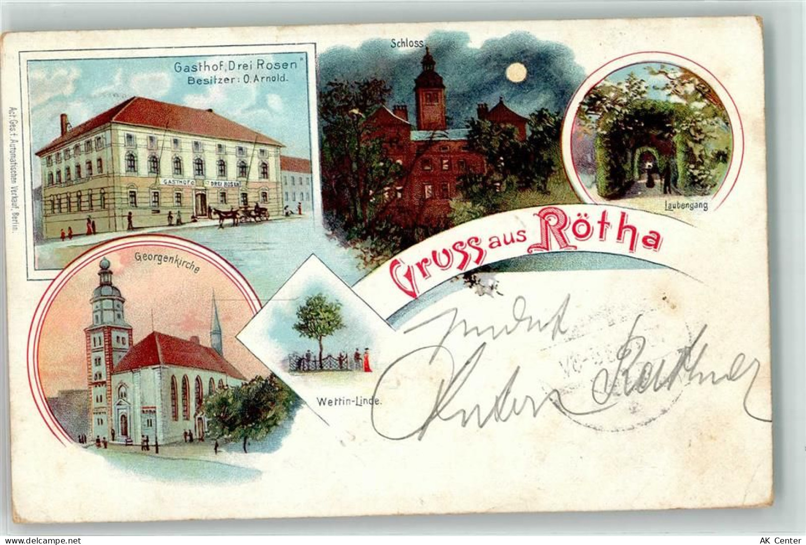 04571 O7209 Rötha 1903 Lithographie / Mondschein Gasthaus Drei Rosen O. ... - 13610853