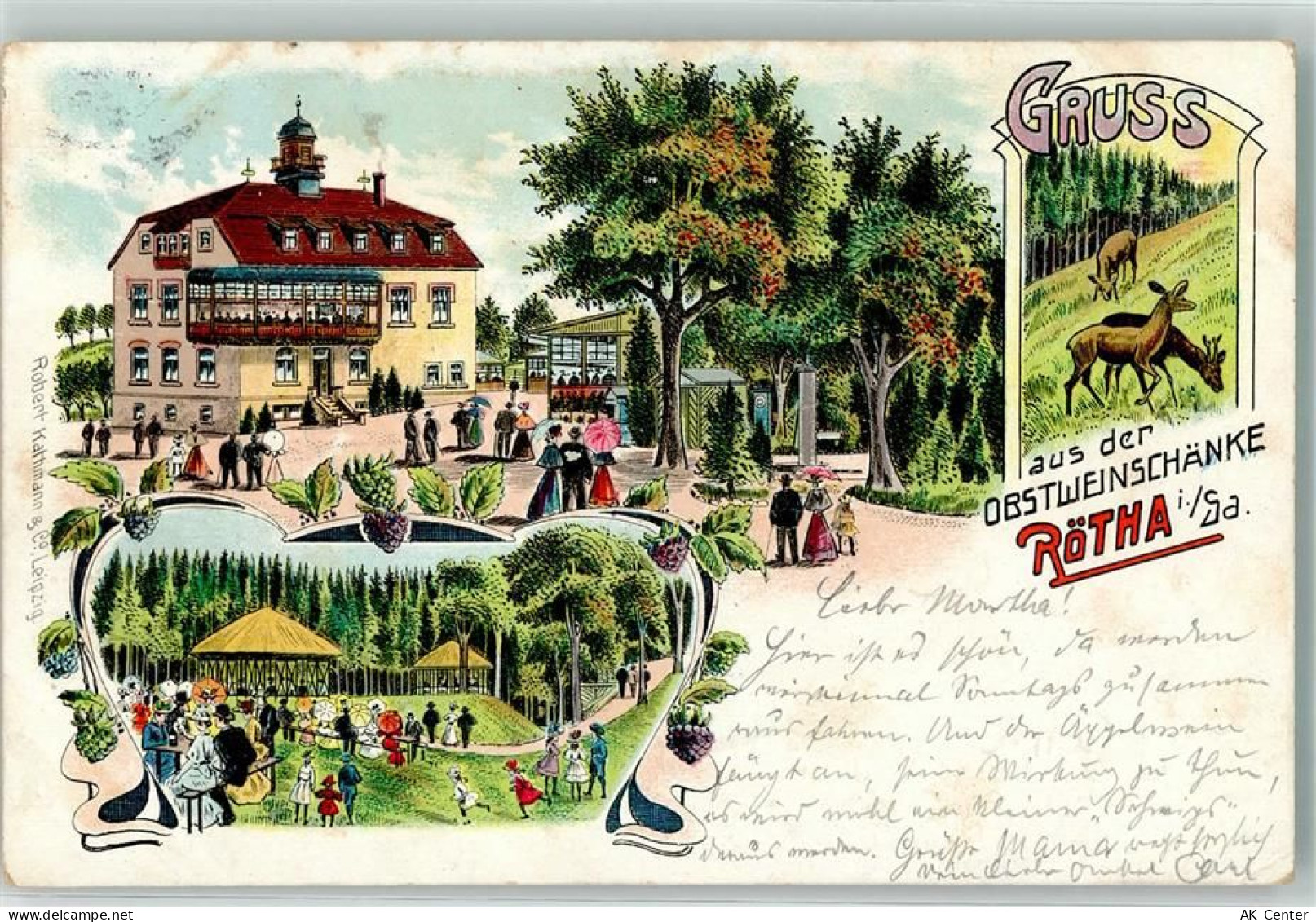 04571 O7209 Rötha 1906 Lithographie Obstweinschänke Garten Pavillon Rehw... - 13628787