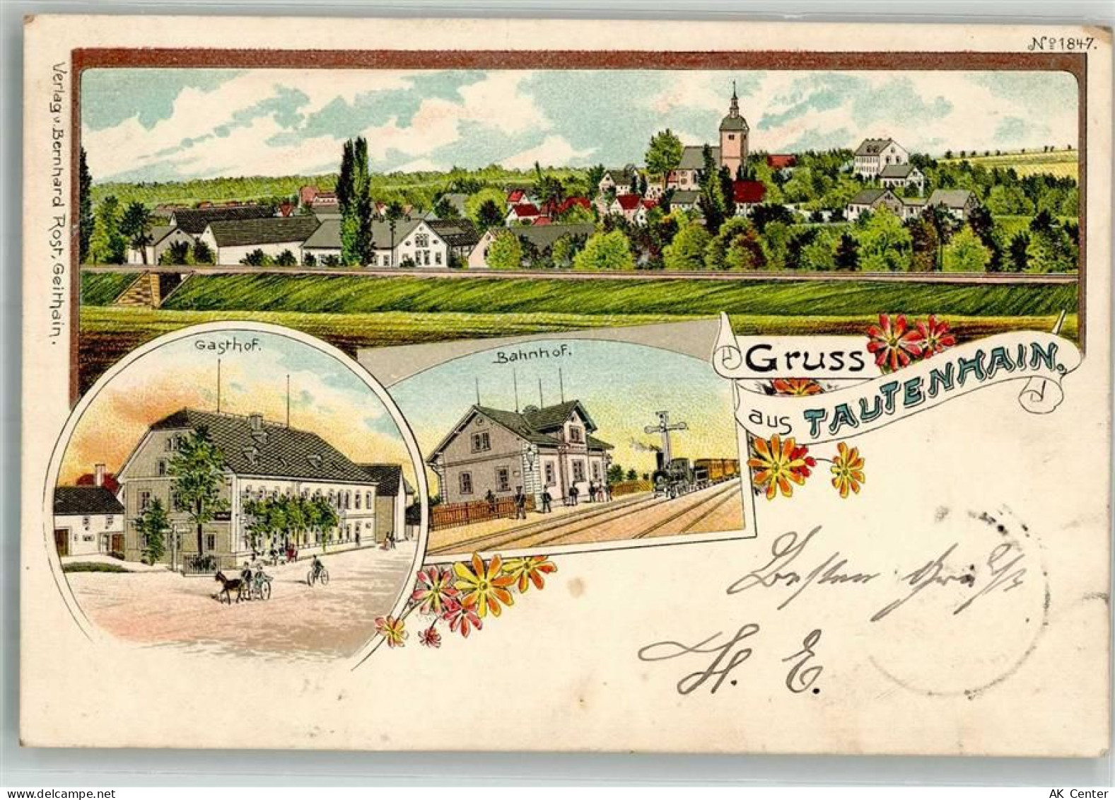 04643 O7231 Tautenhain b Geithain 1900 Lithographie Bahnhof Gasthaus - 13662380
