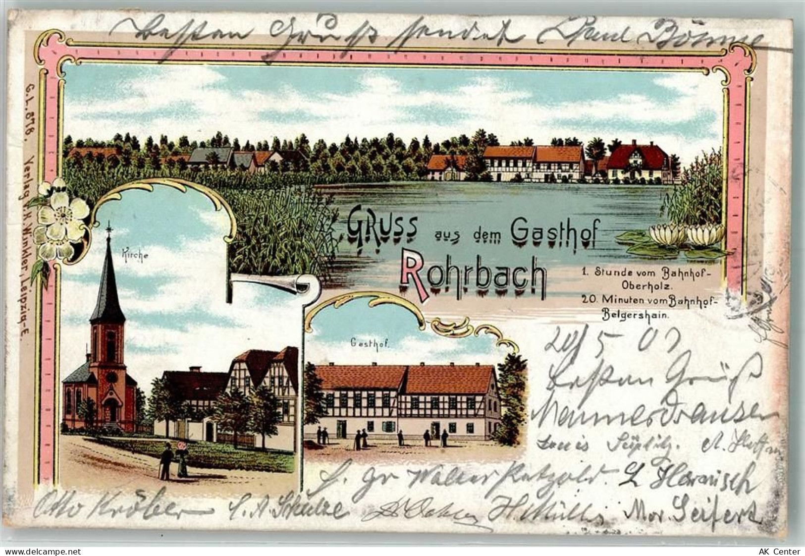04683 O7241 Rohrbach b Grimma Lithographie Gasthaus Rohrbach Dorfsee Kir... - 13639772