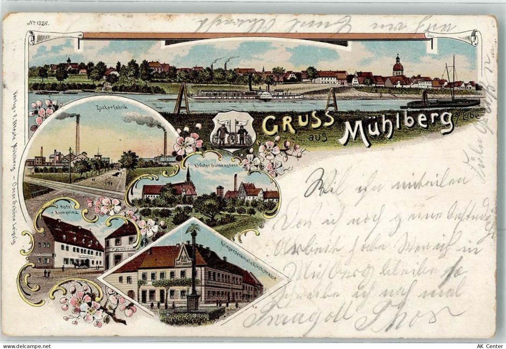 04895 O7906 Mühlberg , Elbe 1899 Lithographie Raddampfer Zuckerfabrik Kl... - 13621468