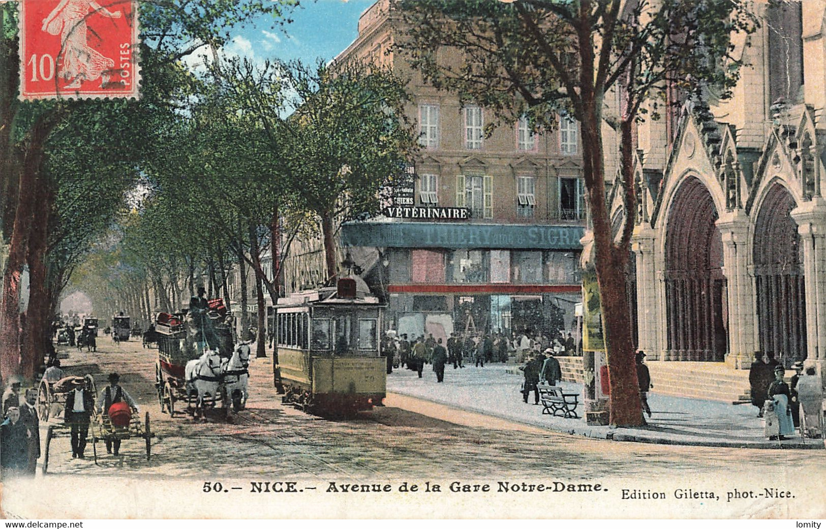 06 Nice avenue de la Gare Notre Dame CPA couleur tram tramway vétérinaire attelage
