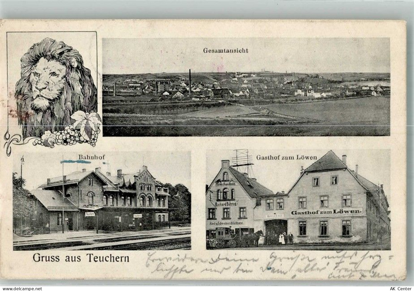 06682 O4855 Teuchern - Löwe Bahnhof Gasthaus zum Löwen Postkutsche Zurüc... - 13667808