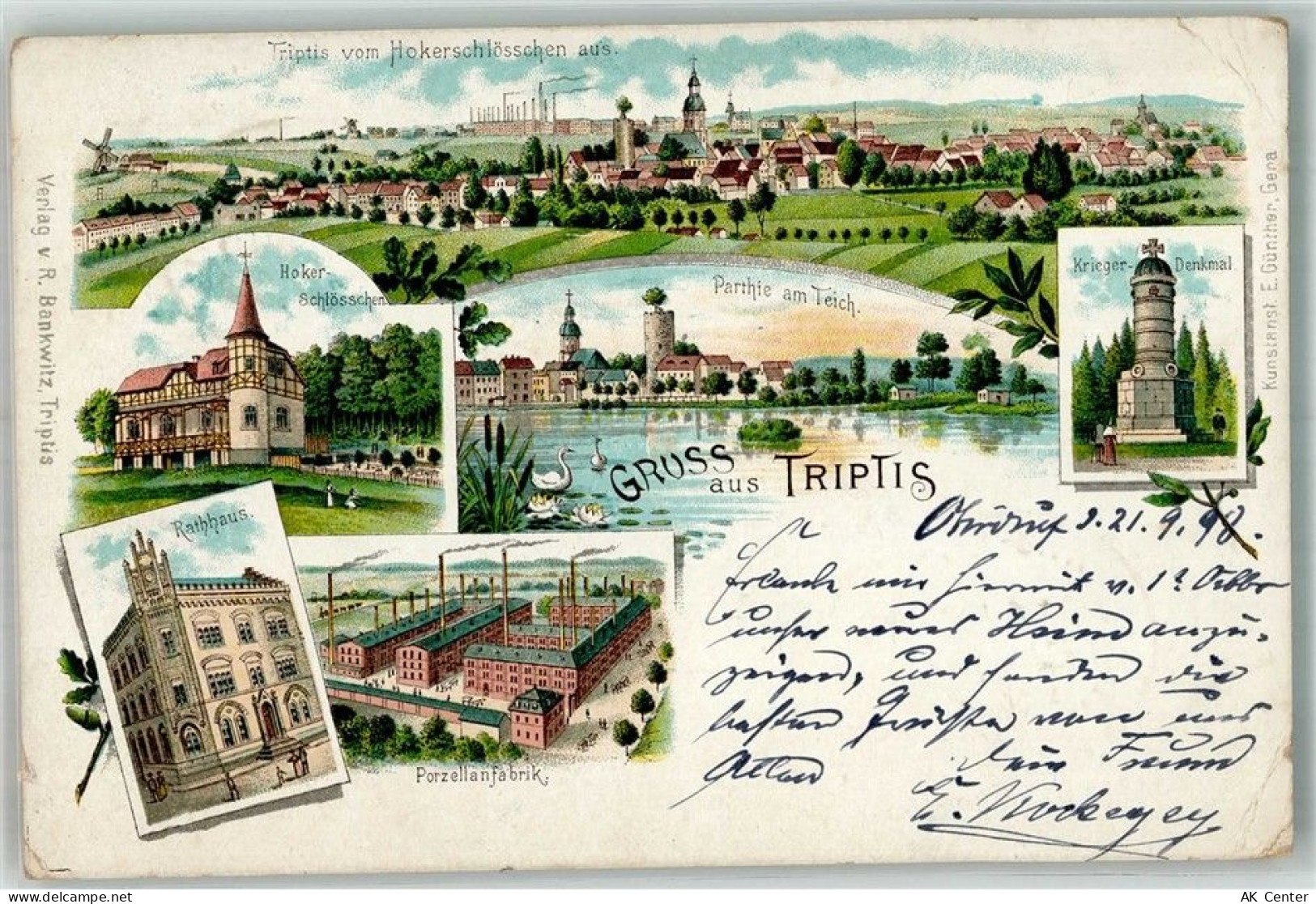 07819 O6712 Triptis 1898 Lithographie Park Teich Rathaus Hoker Schlössch... - 13668085