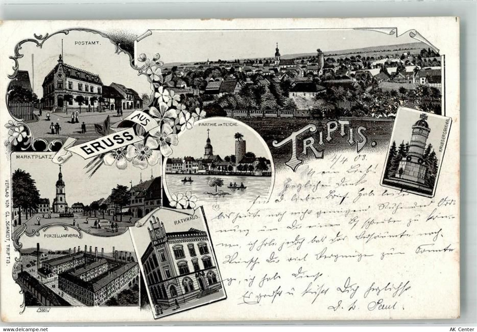 07819 O6712 Triptis 1903 Lithographie Postamt Porzellanfabrik Marktplatz... - 13637903