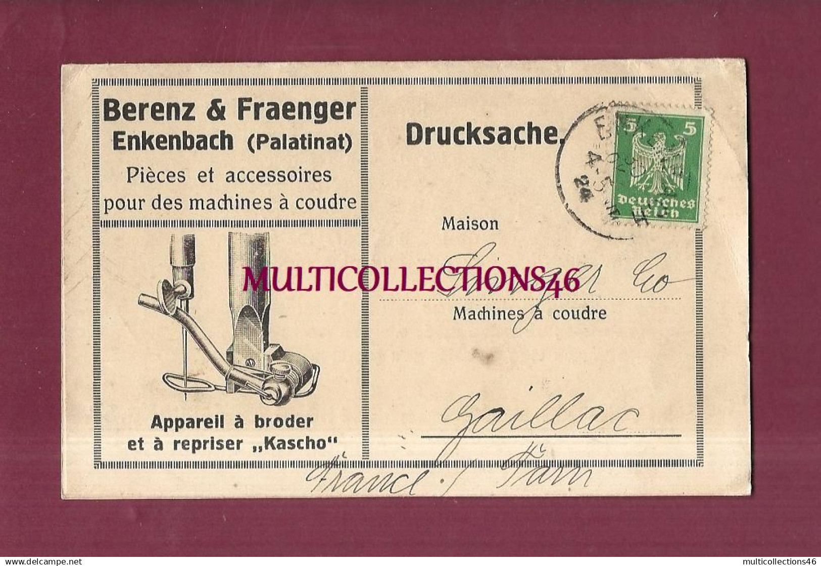 080425 - CARTE DOUBLE PUBLICITAIRE - BERENZ & FRAENGER Enkenbach (Palatinat) machine à coudre broder repriser 1924