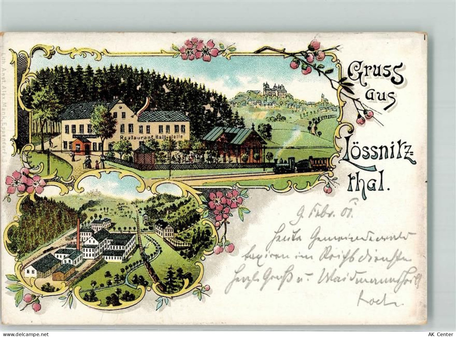 08294 O9407 Lößnitz 1901 Lithographie Gasthaus Haltestelle Garten - 13630319