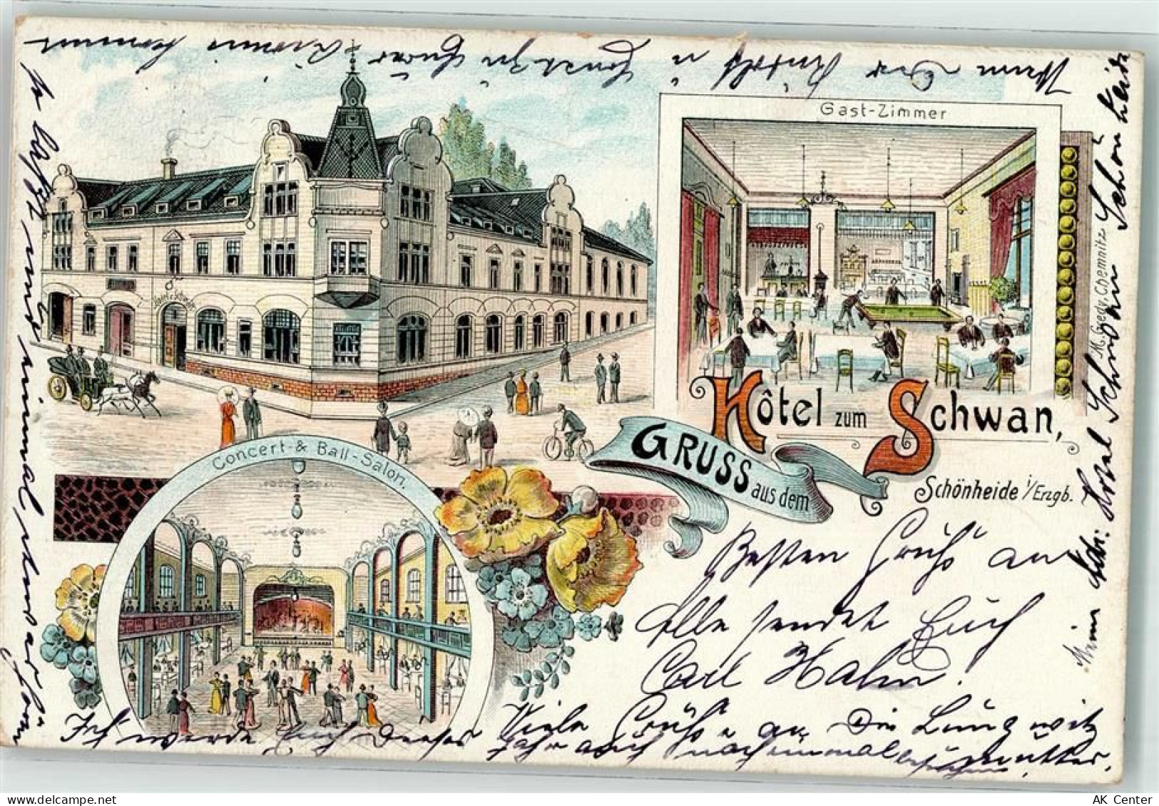 08304 O9413 Schönheide , Erzgeb 1904 Lithographie Hotel zum Schwan Gastr... - 13630676