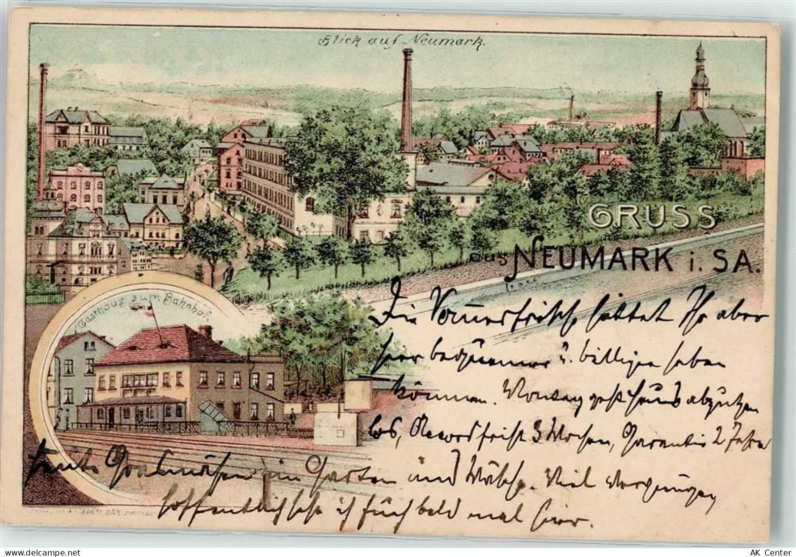 08496 O9801 Neumark , Sachs 1902 Lithographie Gasthaus Zum Bahnhof - 13606407