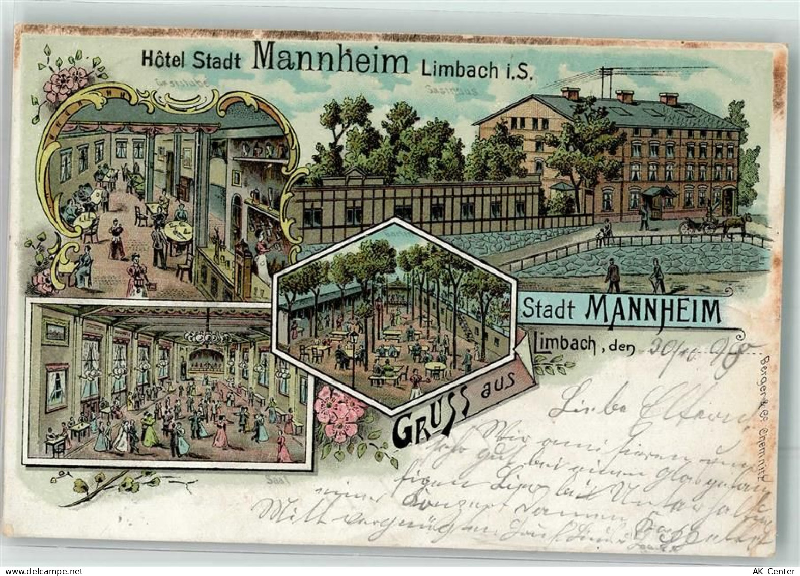 09212 O9102 Limbach-Oberfrohna 1898 Lithographie Hotel Stadt Mannheim Sa... - 13625612