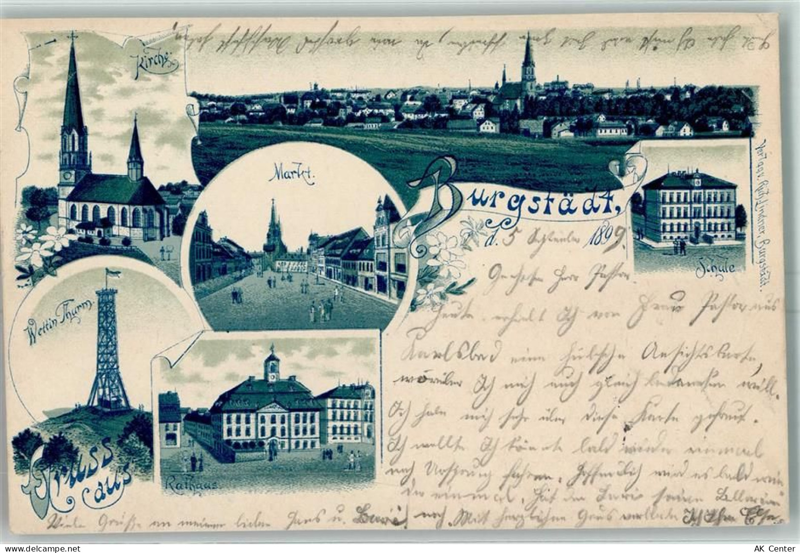 09217 O9112 Burgstädt 1899 Lithographie Kirche Markt Wettin Turm Rathaus... - 13431742