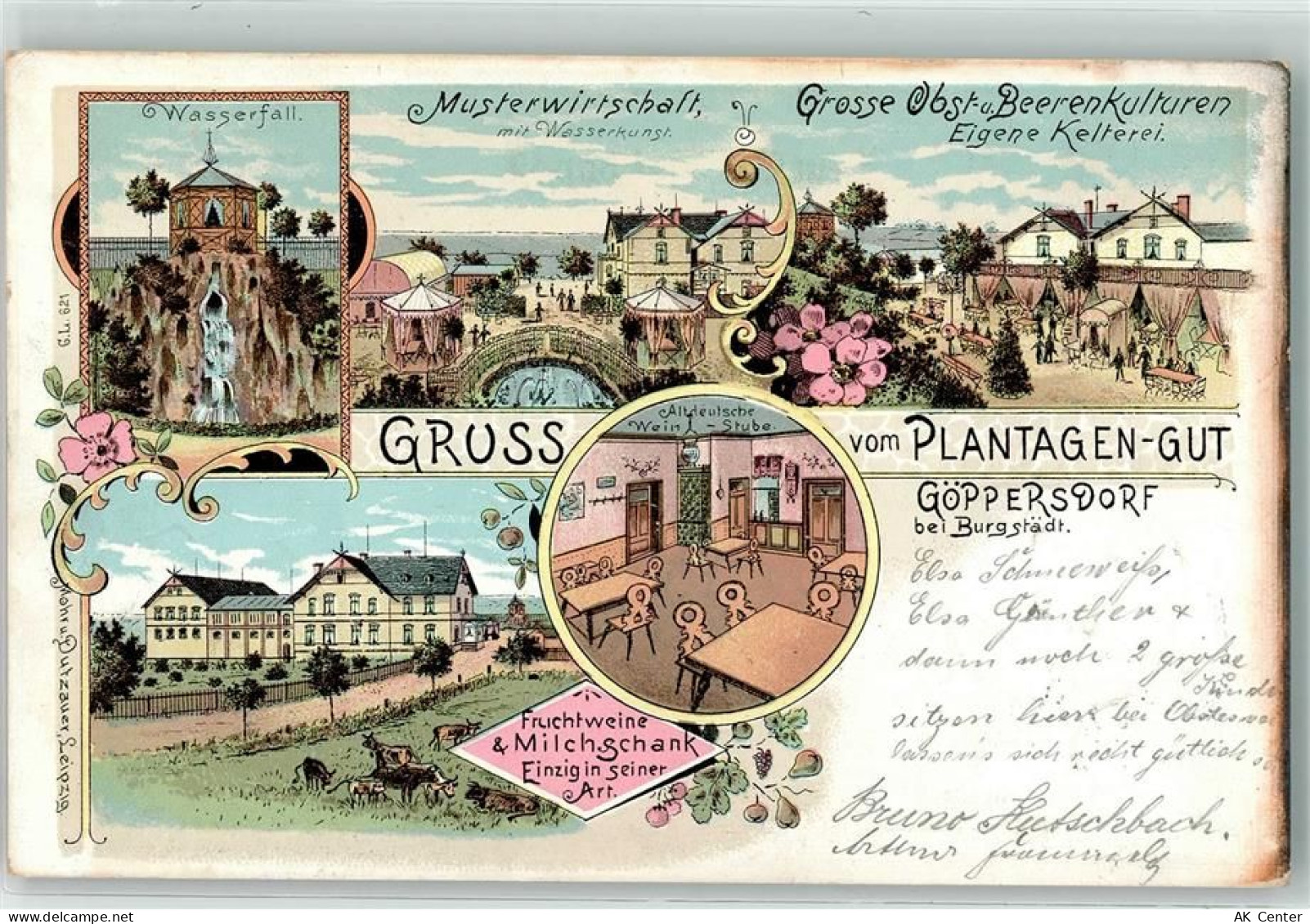 09217 O9112 Burgstädt Lithographie Göppersdorf Plantagen-Gut Wasserfall ... - 13608682