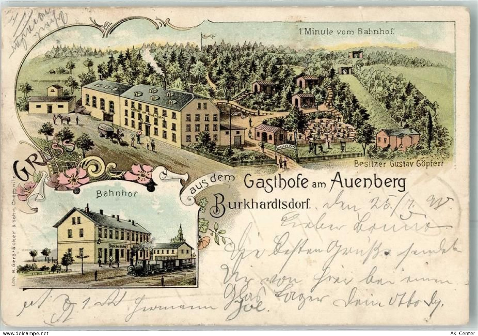09235 O9135 Burkhardtsdorf 1898 Lithographie Gasthaus Am Auenberg Gustav... - 13619631