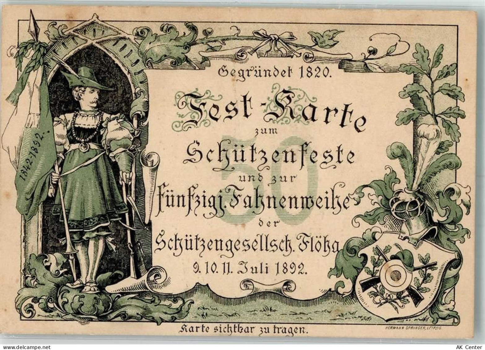 09557 O9380 Flöha 1892 Gebrauchsspuren Lithographie Schützenfest und 50.... - 13660761