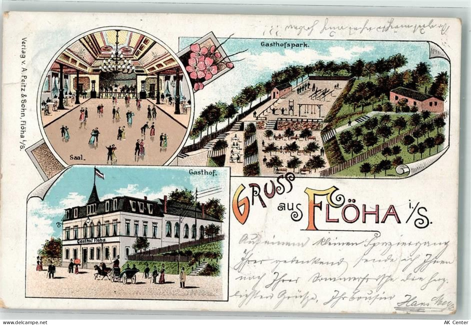 09557 O9380 Flöha 1900 Lithographie Gasthaus Ballsaal Gasthofspark - 13629441