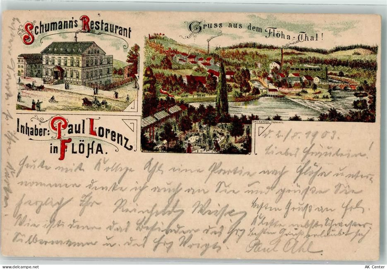 09557 O9380 Flöha 1903 Gebrauchsspuren Gasthaus Schumann Flöha-Tal Litho... - 13630891