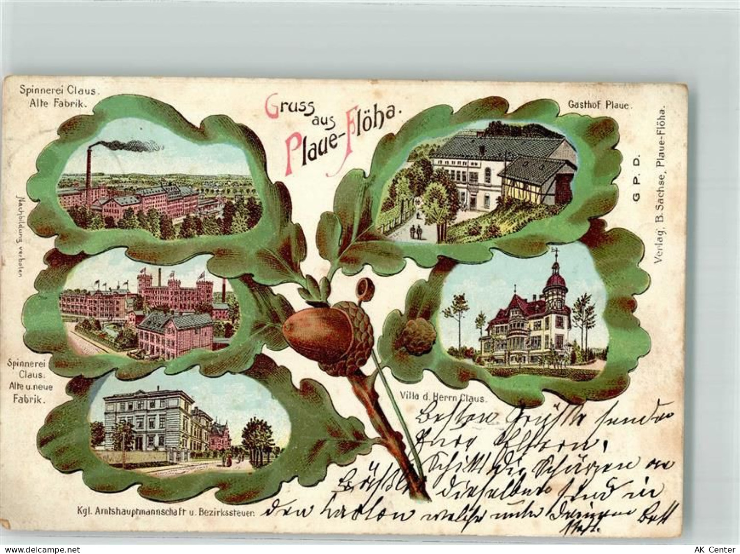 09557 O9380 Flöha 1906 Lithographie Eichenblatt Spinnerei Kgl. Amtshaupt... - 13629149