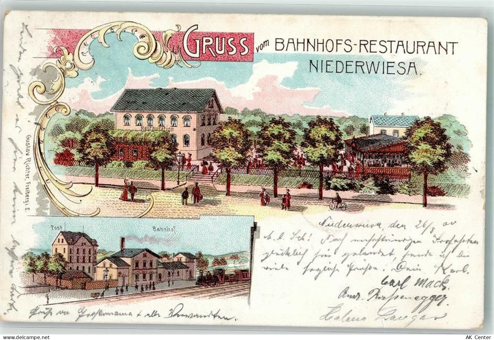 09577 O9387 Niederwiesa 1900 Lithographie Bahnhofsgaststätte Bahnhof Pos... - 13629352