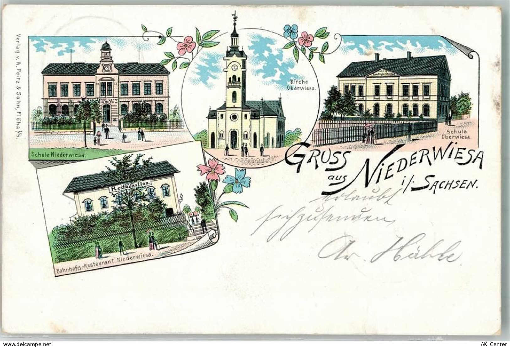 09577 O9387 Niederwiesa 1901 Lithographie Schule Kirche Bahnhofs-Gasthau... - 13639955