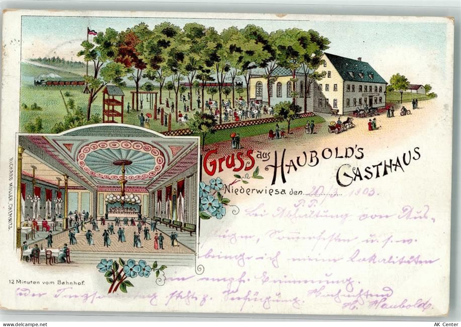09577 O9387 Niederwiesa 1903 Lithographie Gasthaus Haubold Garten Ballsa... - 13629351