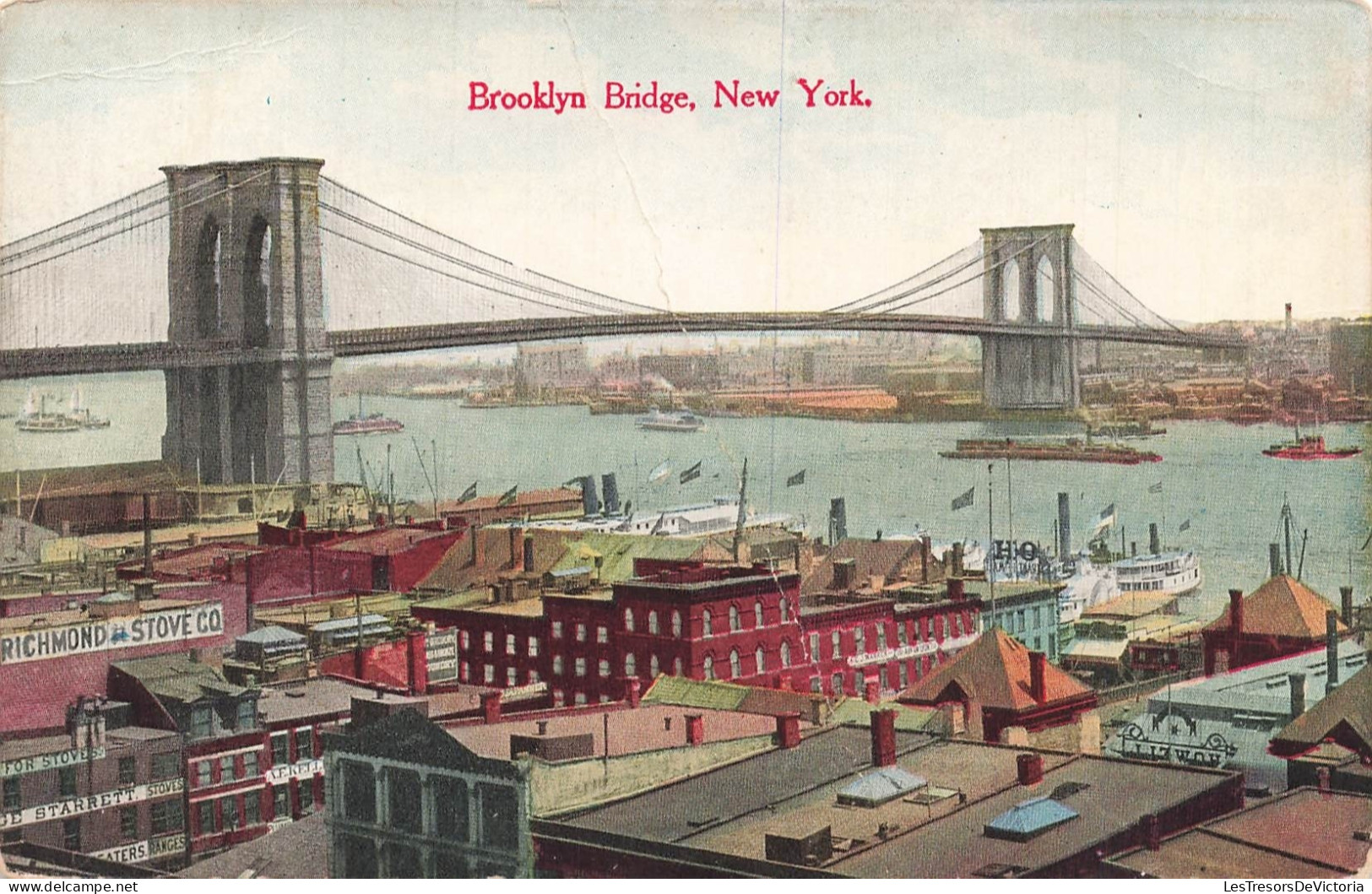 [-10%] ETATS UNIS - Brooklyn Bridge - New York - pont - la ville - bateau - transport - colorisé - Carte Postale Ancienn