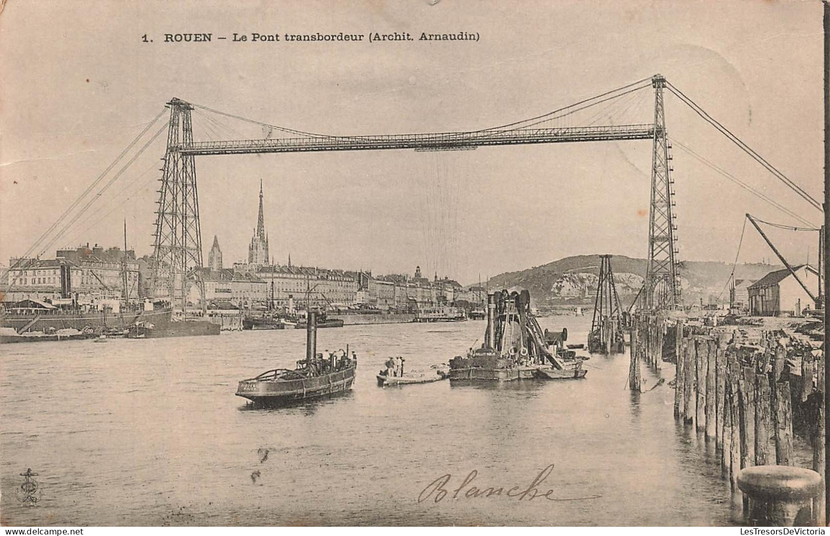 [-10%] FRANCE - Rouen - Pont transbordeur - bateau - transport - Quai - Port - Tour - Cathédrale - Carte postale ancienn