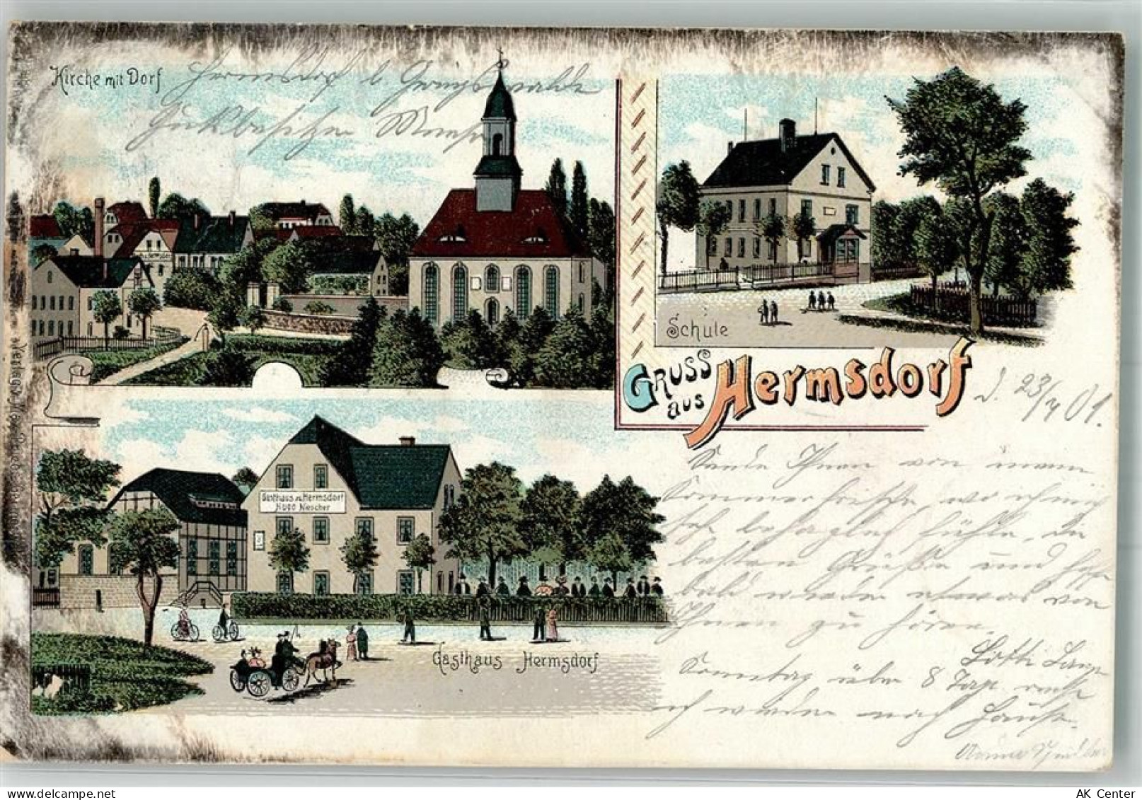 10115 W1000 Hermsdorf 1901 Lithographie Gasthaus Hermsdorf Schule Kirche... - 13652939
