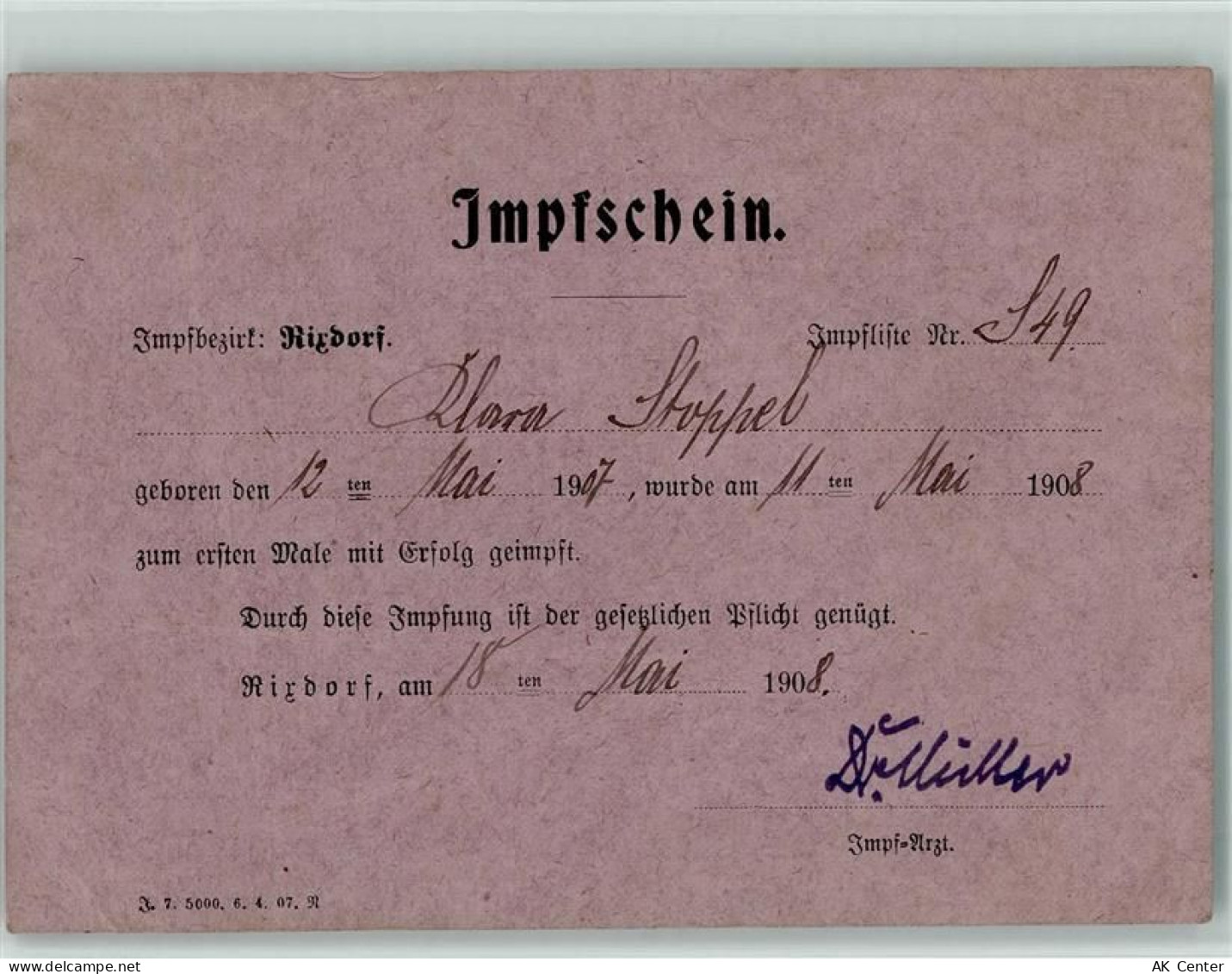 10115 W1000 Rixdorf - Impfschein Mai 1908 - 40143153
