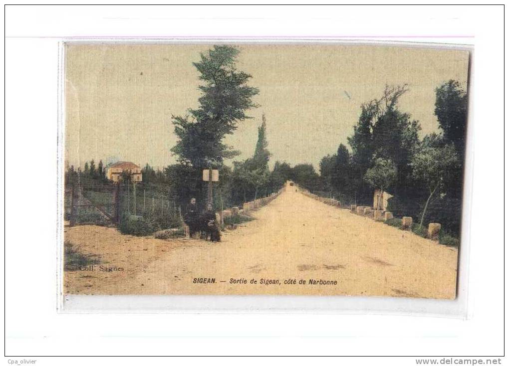 11 SIGEAN Sortie de Sigean, Coté de Narbonne, animée, carte toilée, colorisée, ed Sagnes, 1908