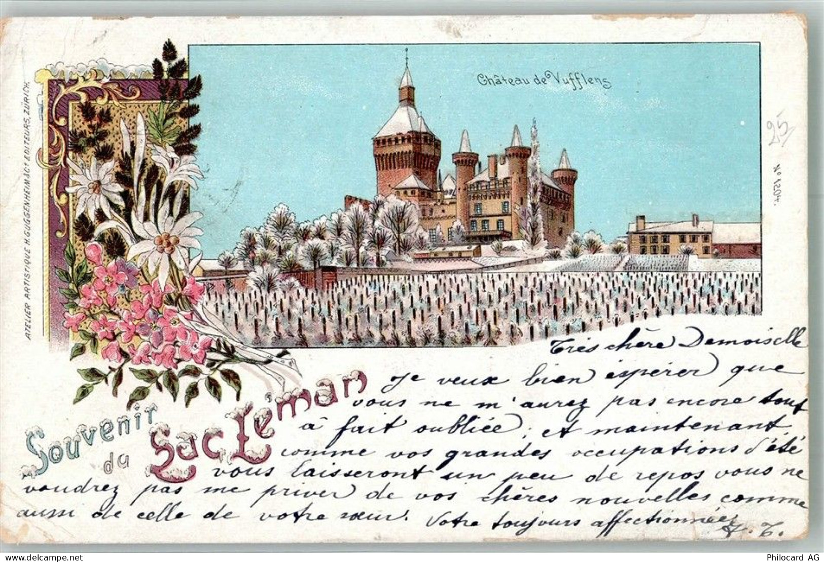 1134 Vufflens-le-Château 1903 Gebrauchsspuren Winterlithographie Schloss... - 13596624