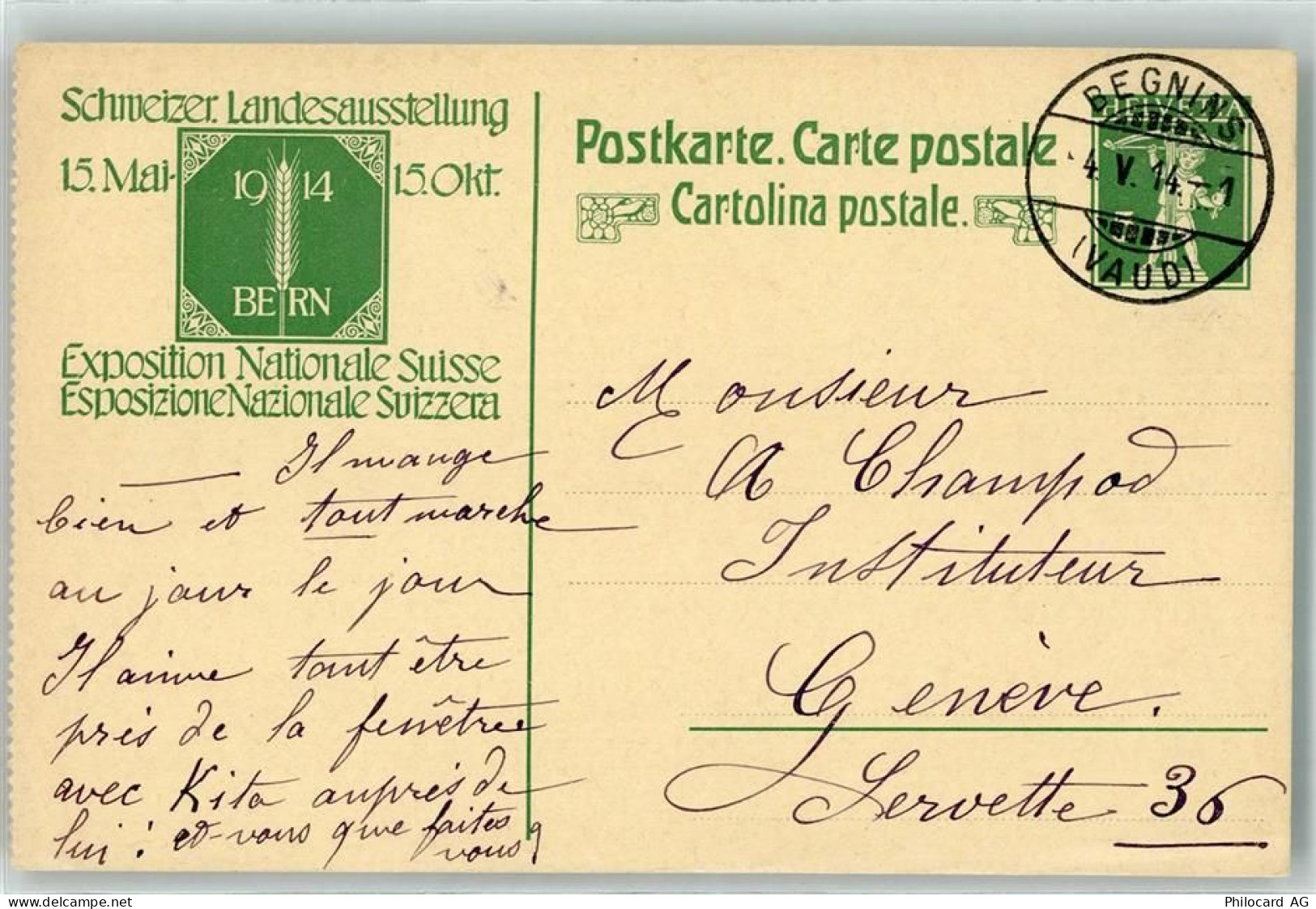 1268 Begnins 1914 Ganzsache Schweizer. Landesausstellung Bern Exposition... - 39367881