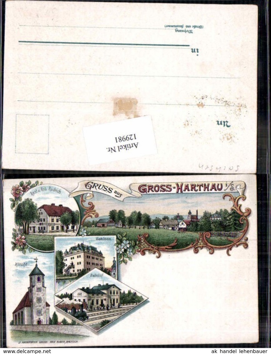 129981,Tolle Litho Gruss aus Gross Harthau gro&szlig;harthau Bahnhof Kirche Restauration R&uuml;