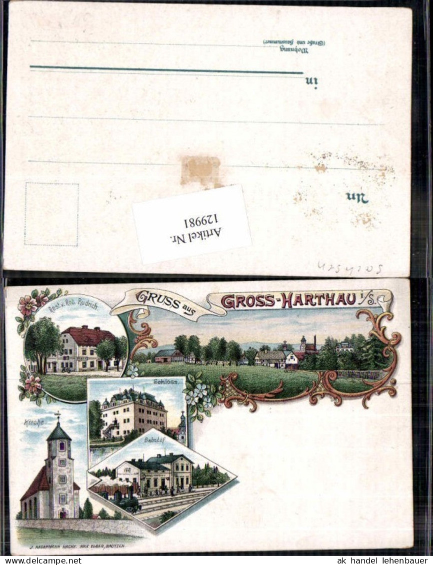 129981,Tolle Litho Gruss aus Gross Harthau großharthau Bahnhof Kirche Restauration Rüdrich Bautzen