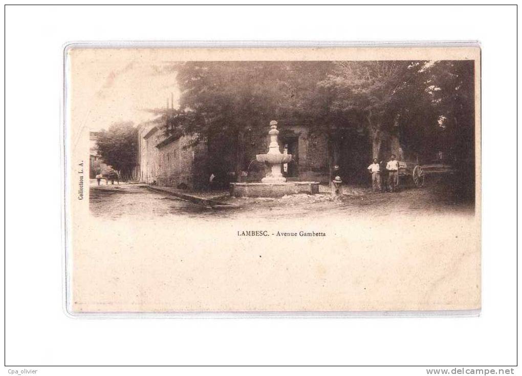 13 LAMBESC Avenue Gambetta, animée, Fontaine, ed LA, dos 1900