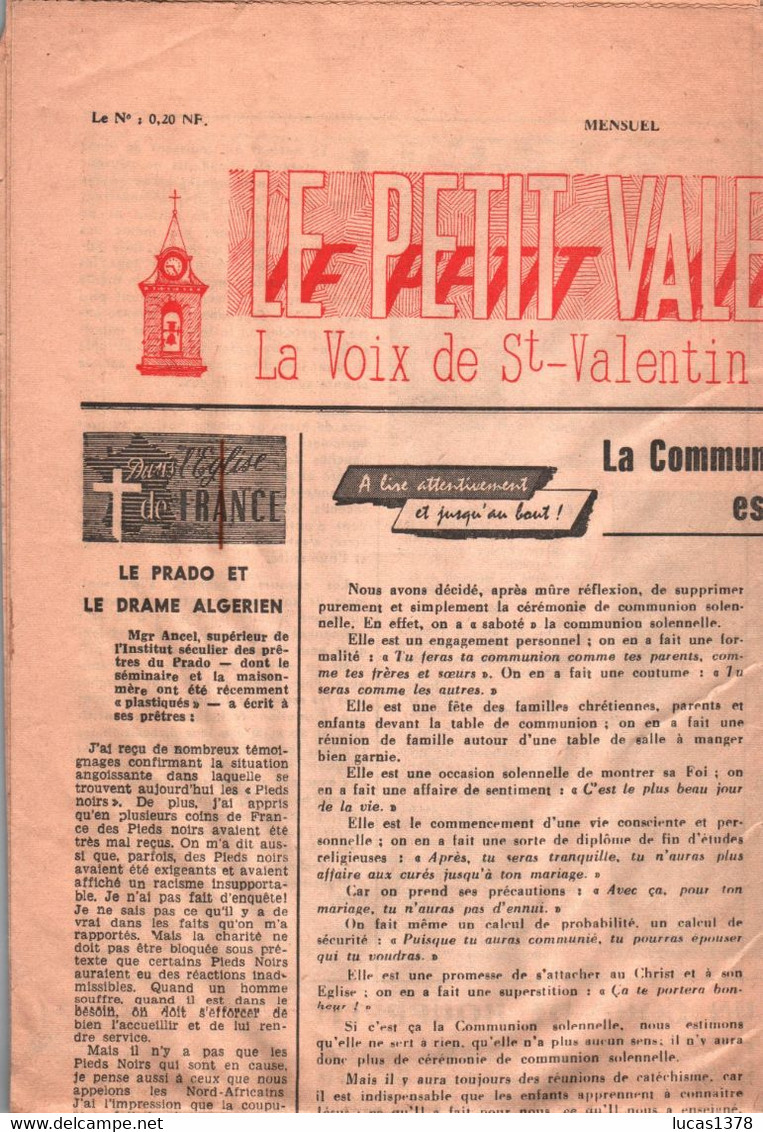 13 / MARSEILLE / LA VALENTINE / JOURNAL LOCAL  / LE PETIT VALENTINOIS MARS 1962 . RARE
